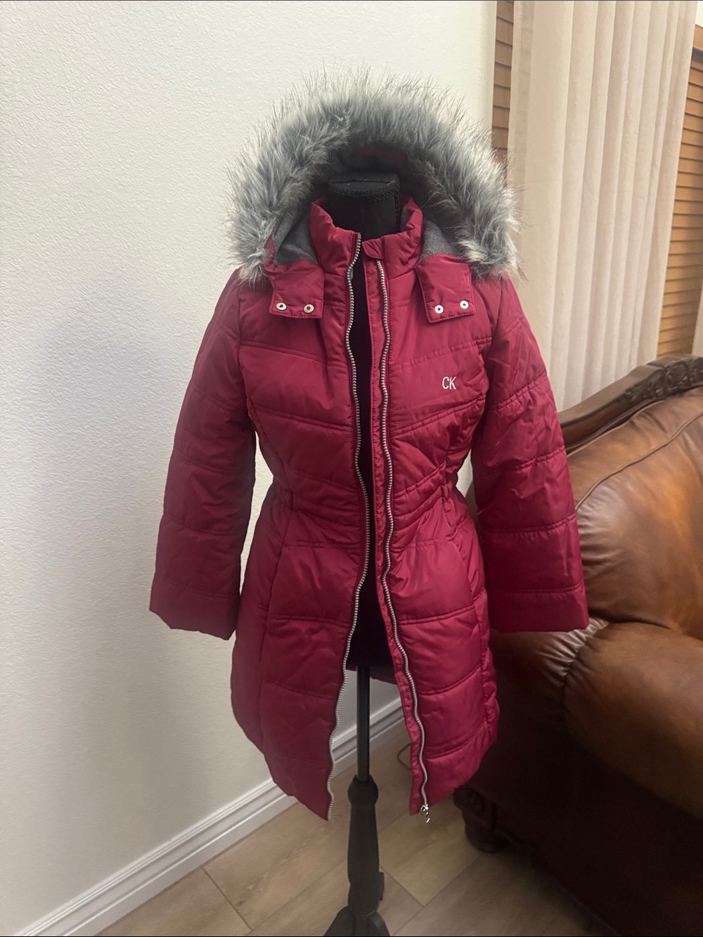 Big Girl 12/14 Calvin Klein Burgundy Quilted Hooded Puffer Coat w Faux Fur Trim